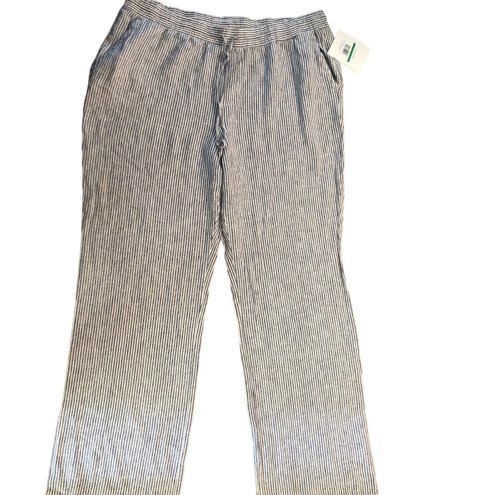 Ellen Tracy Linen Beach Pant Sz. L Wide Leg Marna Blue Striped  Casual Pockets